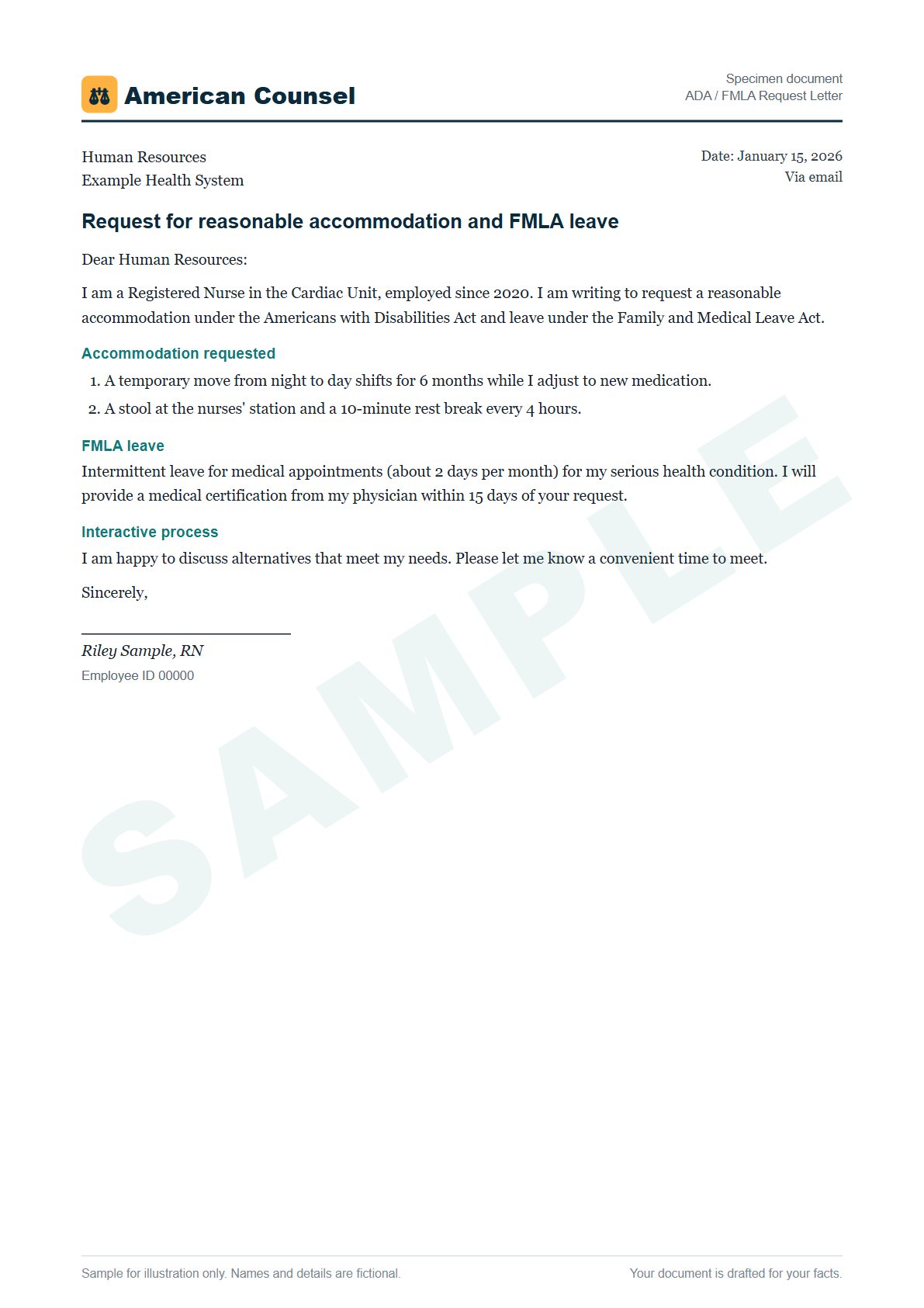 Sample ADA / FMLA Request Letter prepared by our lawyers, with fictional names
