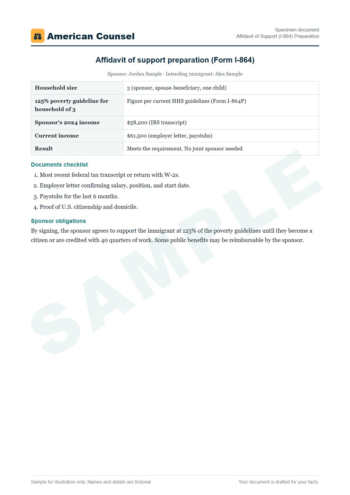Sample Affidavit of Support (I-864) Preparation prepared by our lawyers, with fictional names
