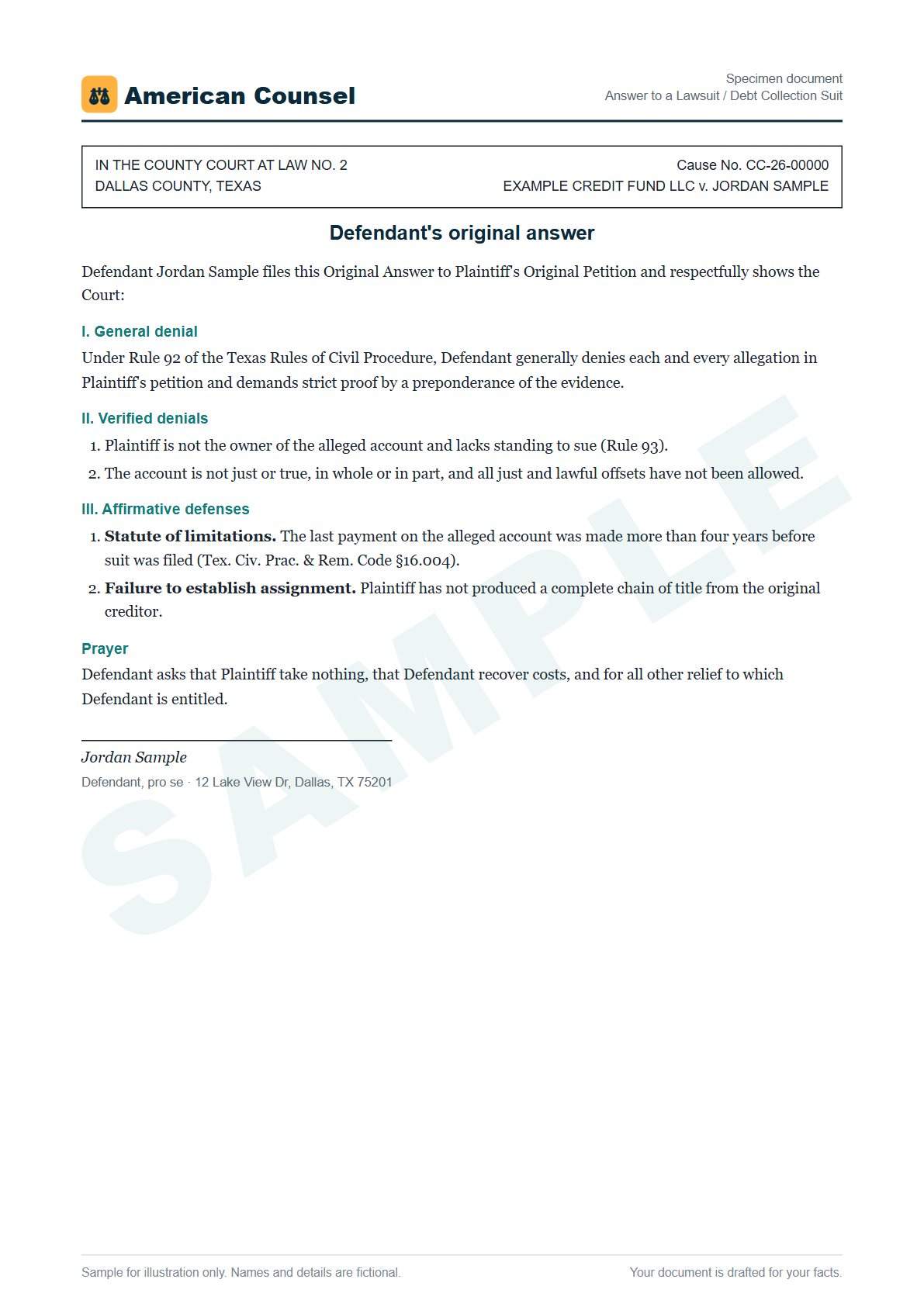 Sample Answer to a Lawsuit / Debt Collection Suit prepared by our lawyers, with fictional names
