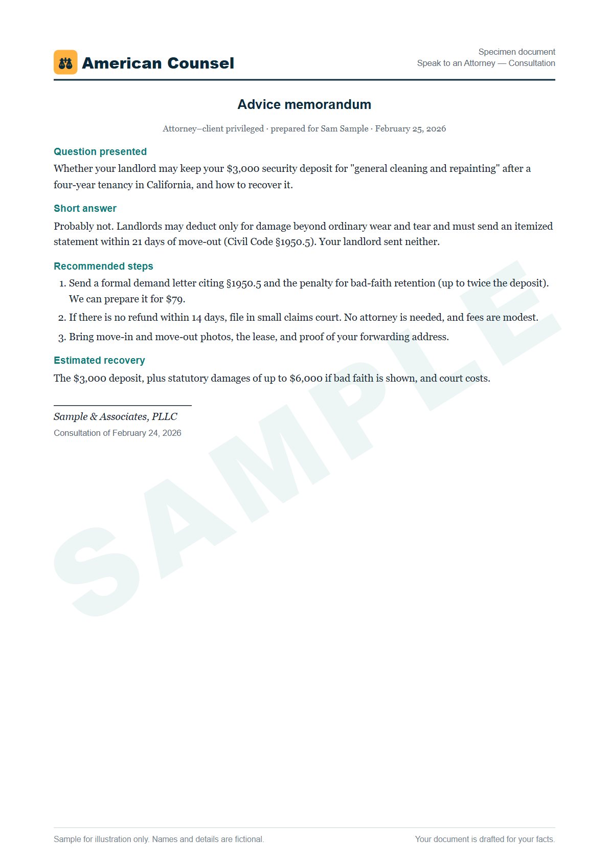 Sample Speak to an Attorney — Consultation prepared by our lawyers, with fictional names