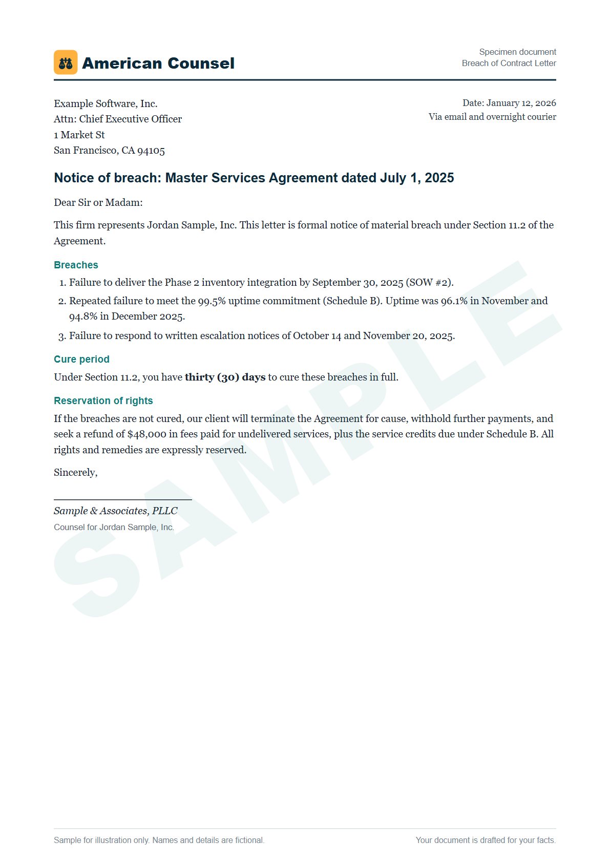 Sample Breach of Contract Letter prepared by our lawyers, with fictional names