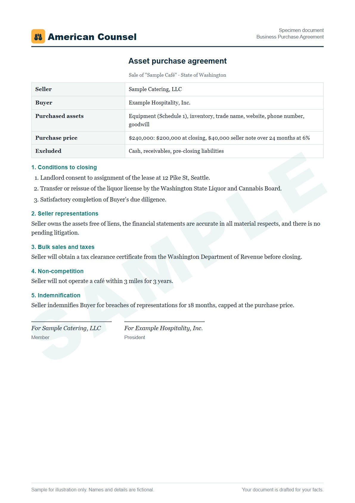 Sample Business Purchase Agreement prepared by our lawyers, with fictional names