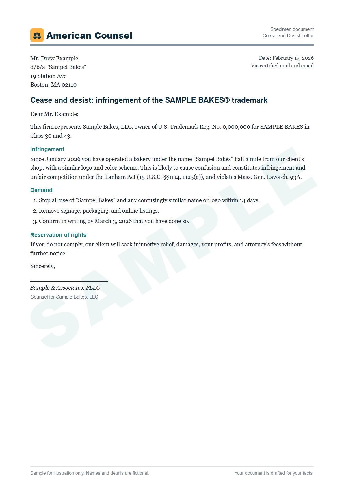 Sample Cease and Desist Letter prepared by our lawyers, with fictional names