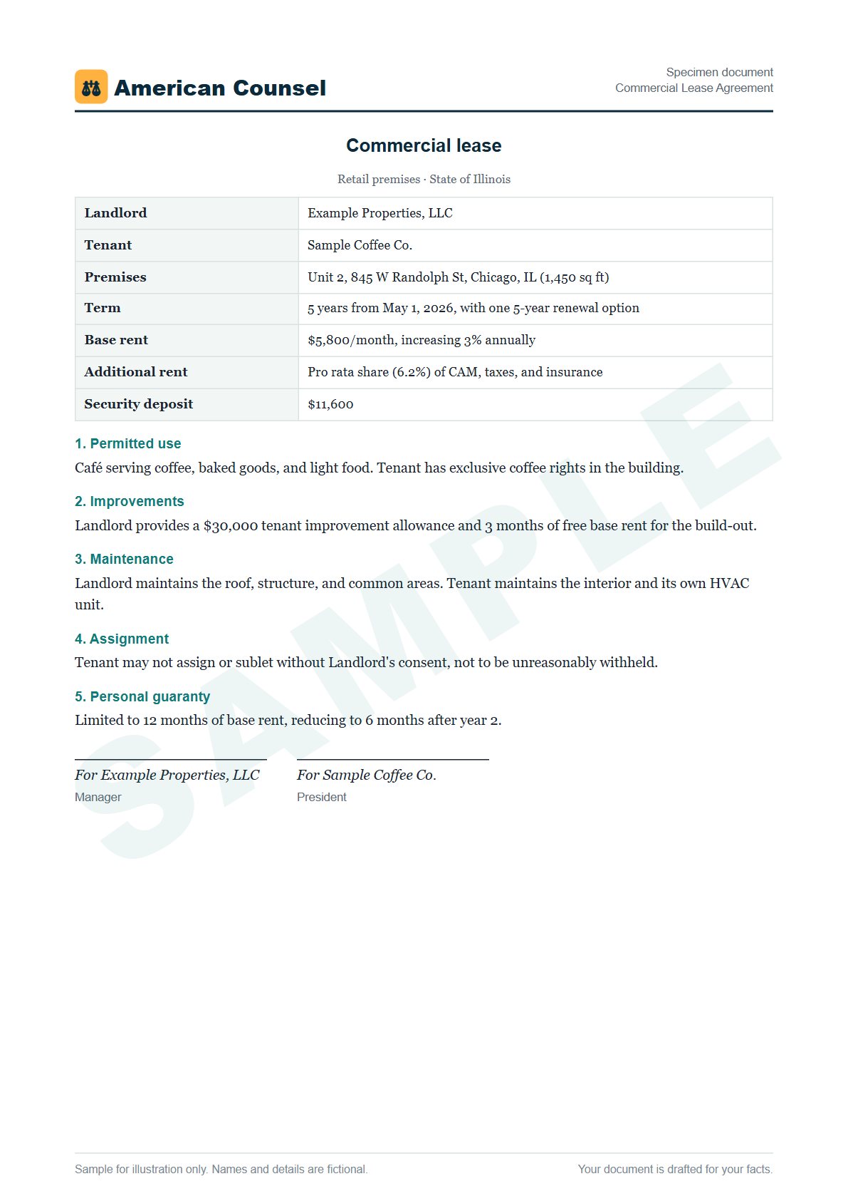 Sample Commercial Lease Agreement prepared by our lawyers, with fictional names