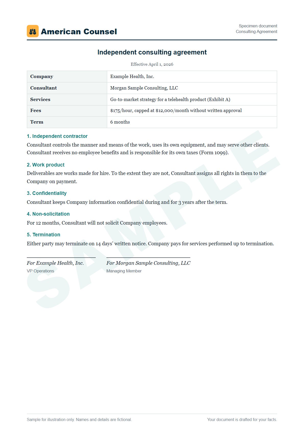 Sample Consulting Agreement prepared by our lawyers, with fictional names