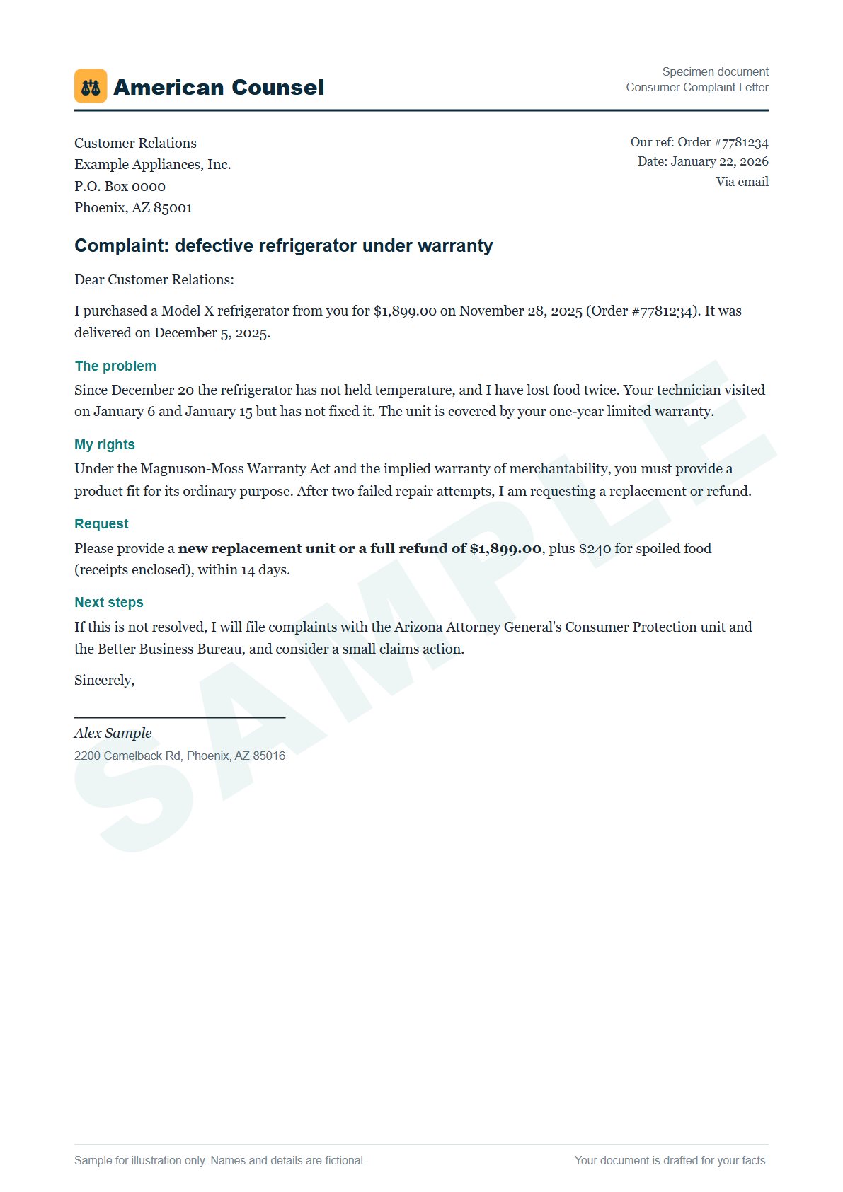 Sample Consumer Complaint Letter prepared by our lawyers, with fictional names
