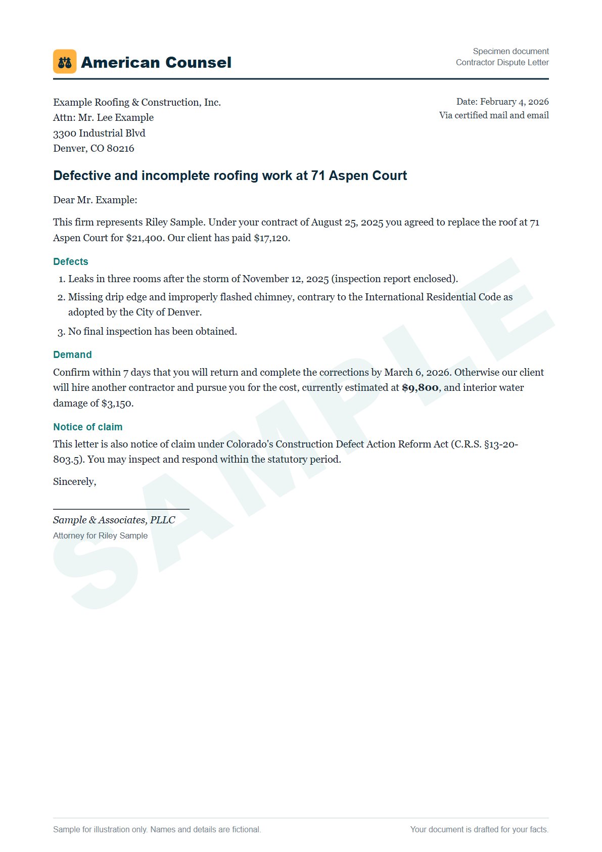 Sample Contractor Dispute Letter prepared by our lawyers, with fictional names