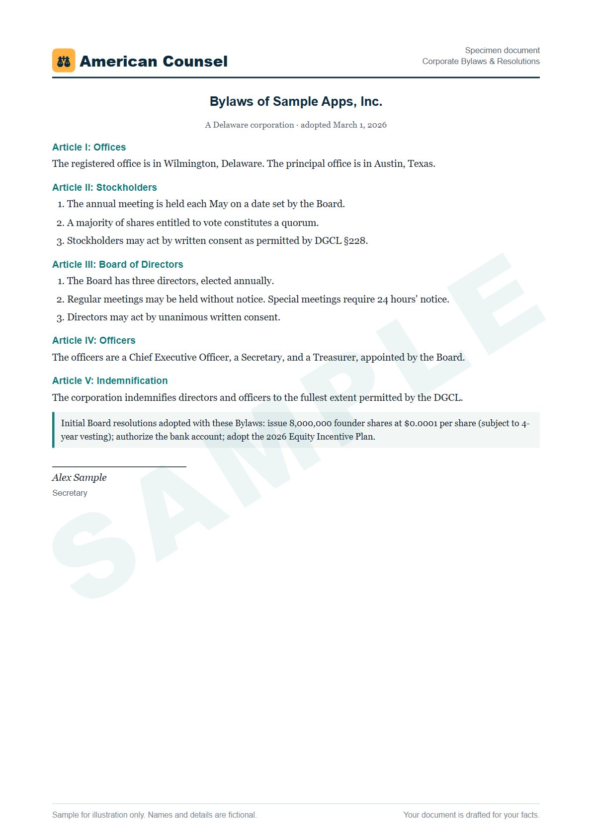 Sample Corporate Bylaws & Resolutions prepared by our lawyers, with fictional names