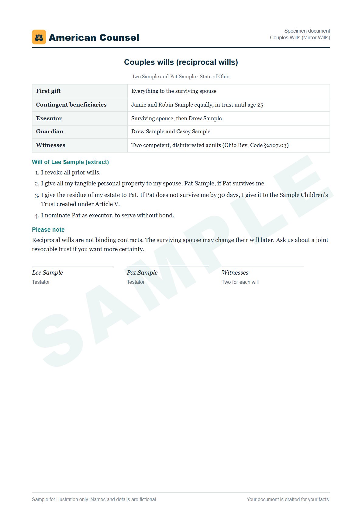 Sample Couples Wills (Mirror Wills) prepared by our lawyers, with fictional names
