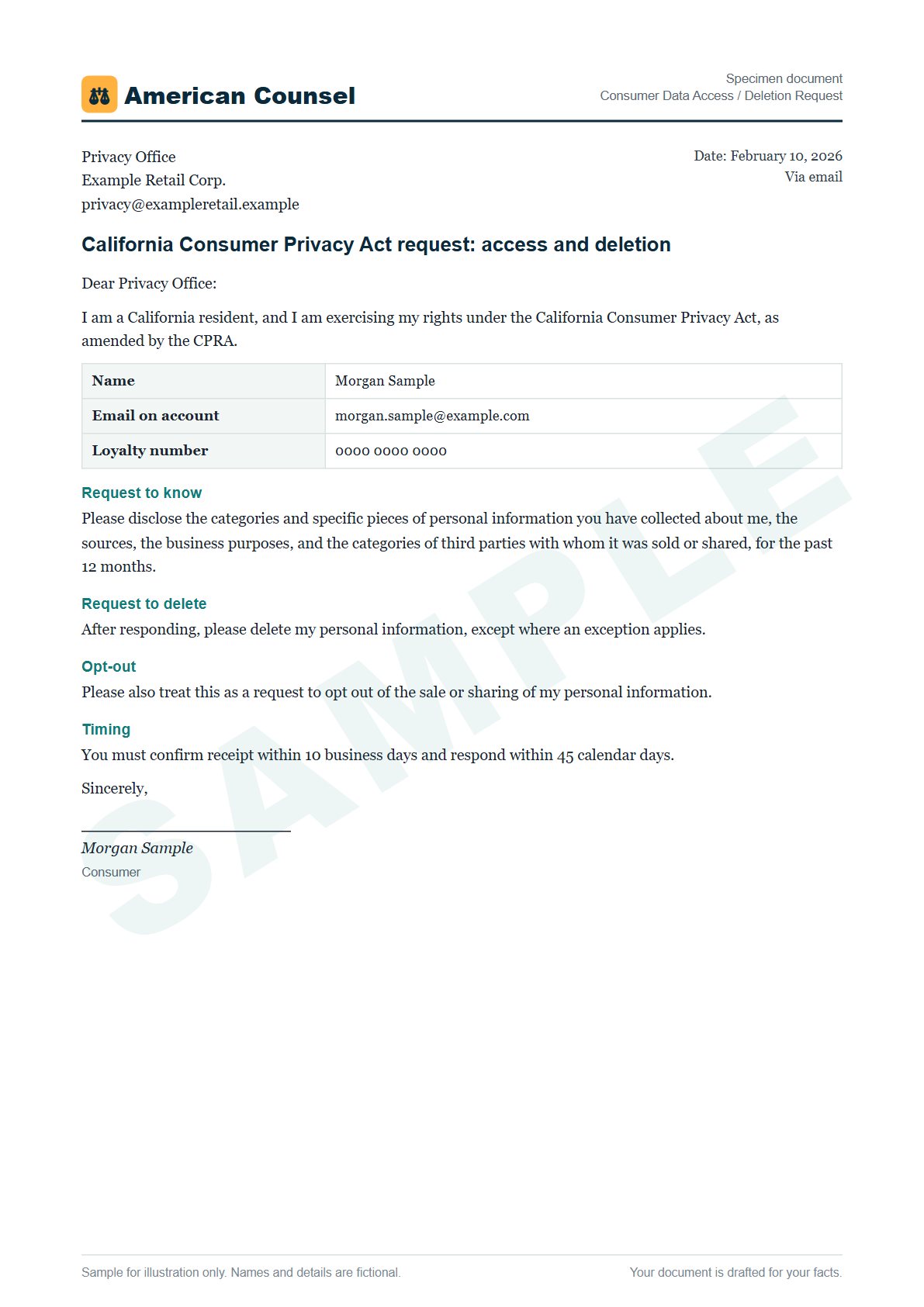 Sample Consumer Data Access / Deletion Request prepared by our lawyers, with fictional names
