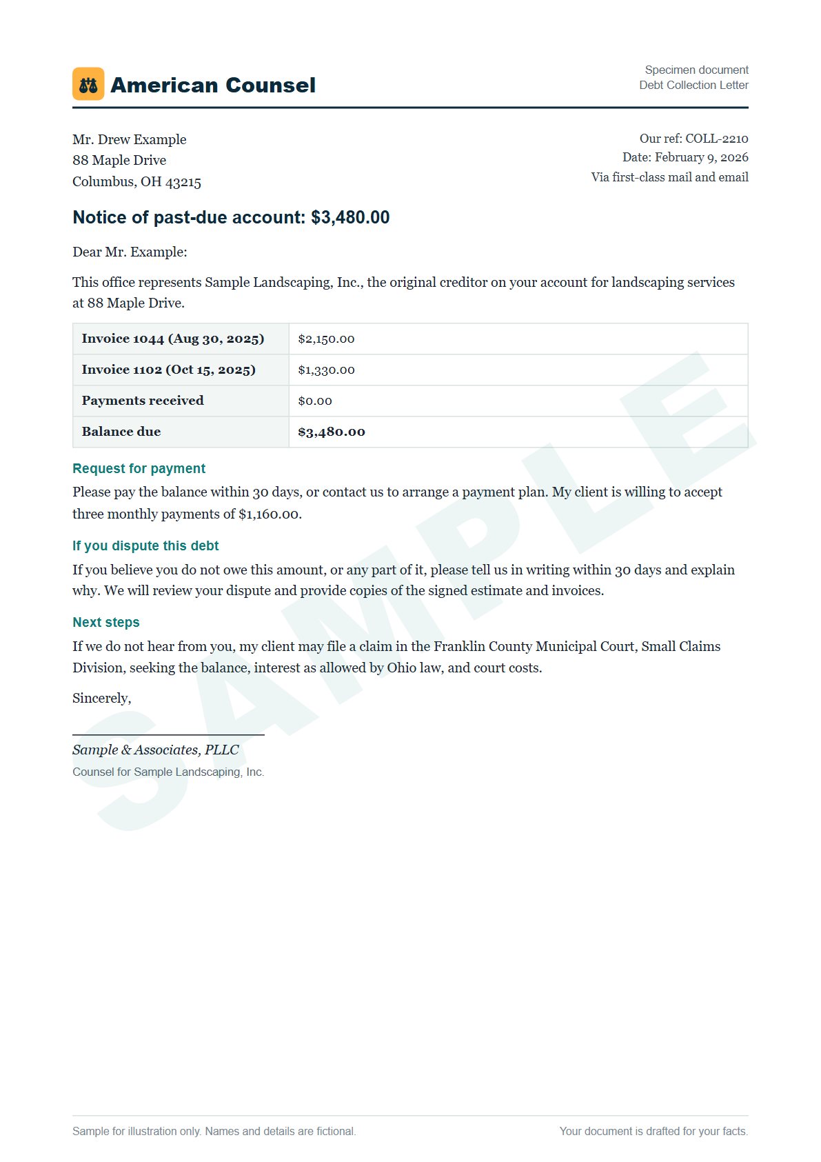 Sample Debt Collection Letter prepared by our lawyers, with fictional names