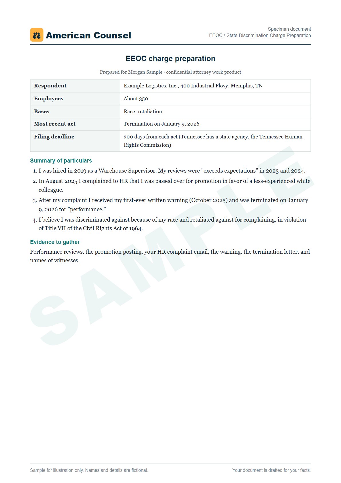 Sample EEOC / State Discrimination Charge Preparation prepared by our lawyers, with fictional names