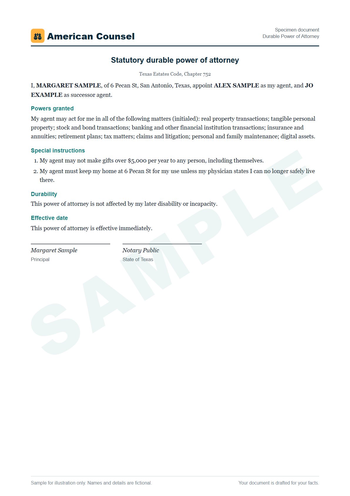 Sample Durable Power of Attorney prepared by our lawyers, with fictional names