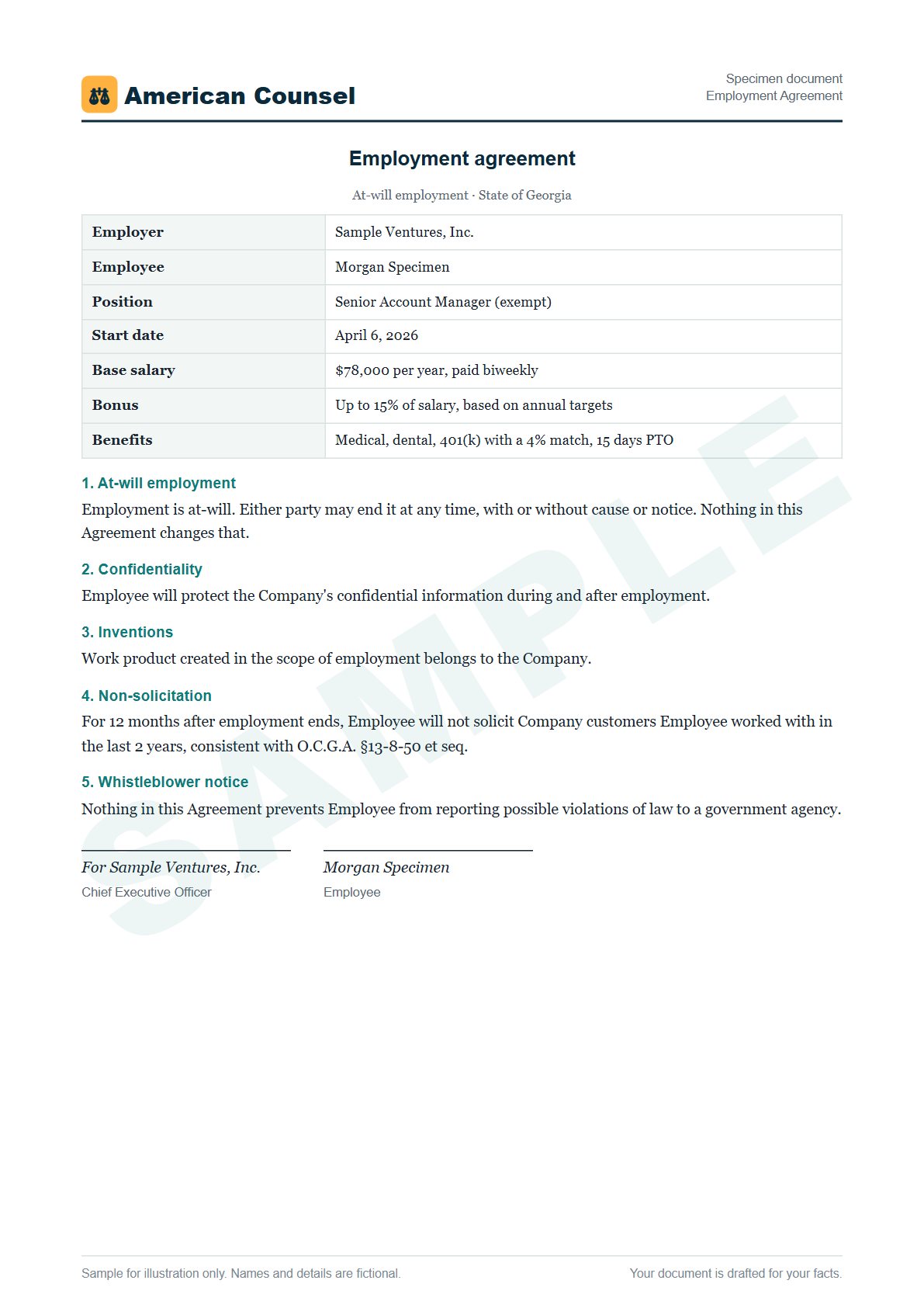 Sample Employment Agreement prepared by our lawyers, with fictional names