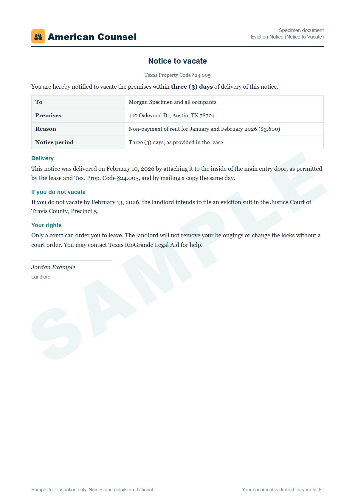 Sample Eviction Notice (Notice to Vacate) prepared by our lawyers, with fictional names