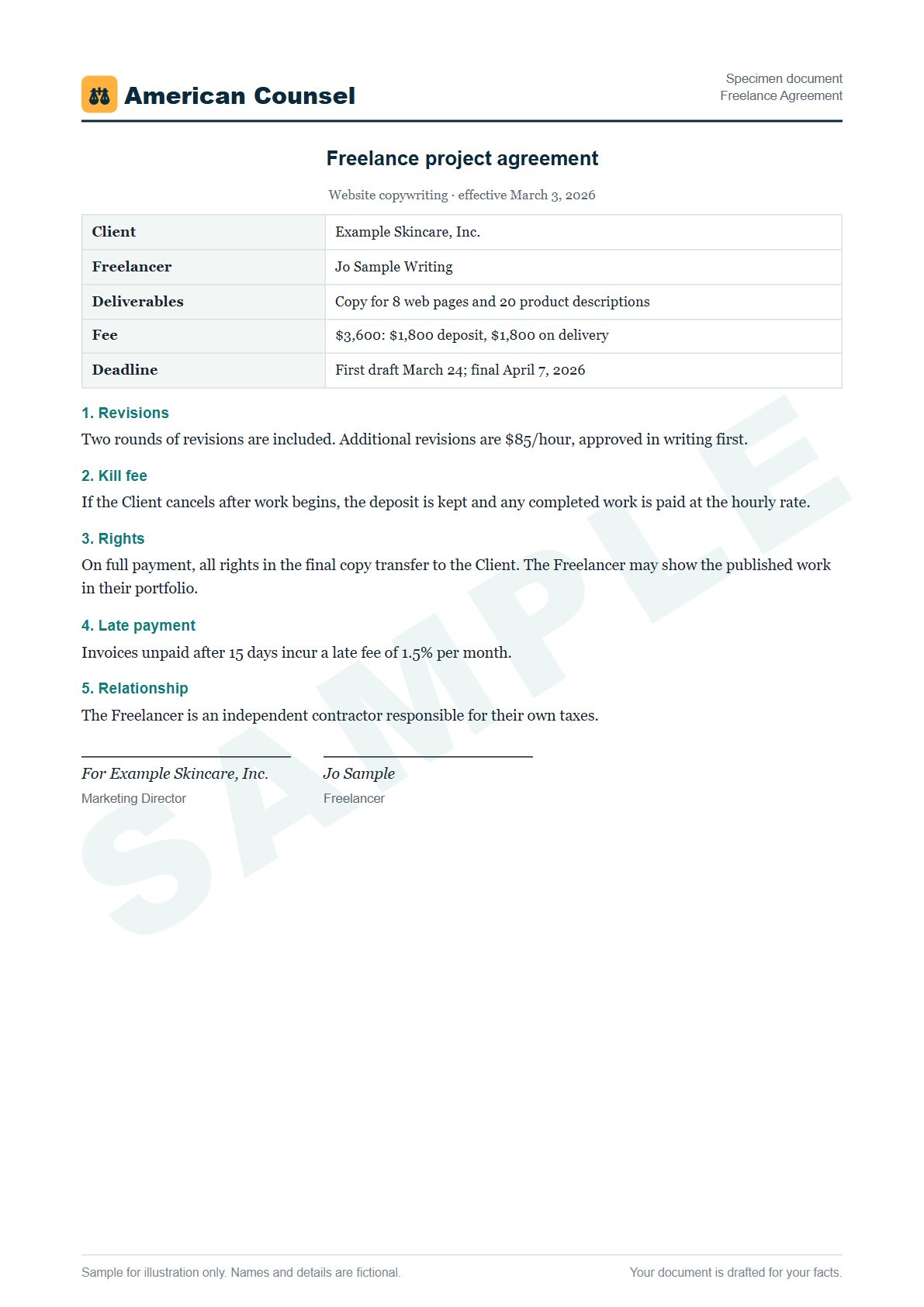 Sample Freelance Agreement prepared by our lawyers, with fictional names