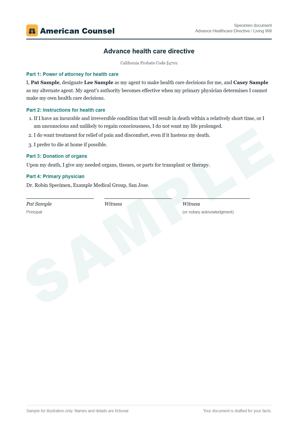 Sample Advance Healthcare Directive / Living Will prepared by our lawyers, with fictional names