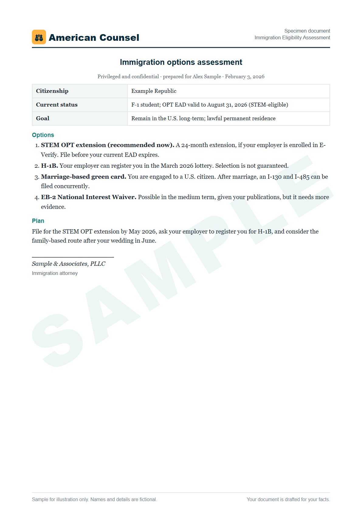 Sample Immigration Eligibility Assessment prepared by our lawyers, with fictional names