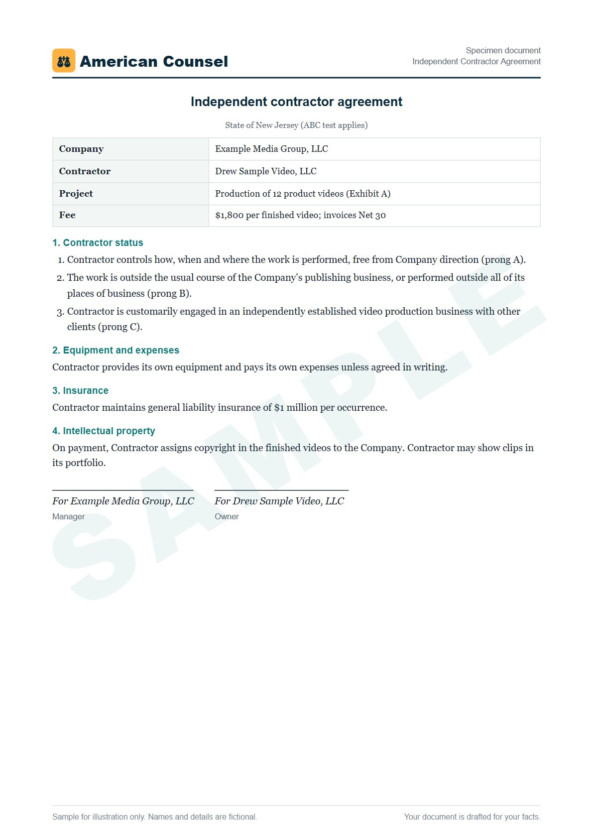 Sample Independent Contractor Agreement prepared by our lawyers, with fictional names