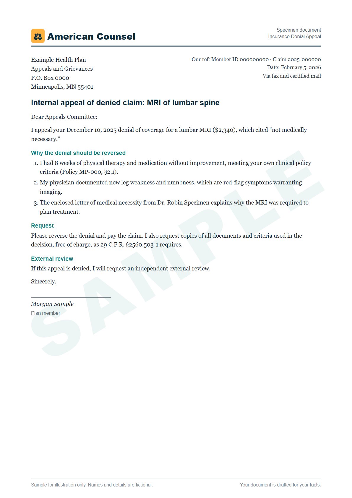 Sample Insurance Denial Appeal prepared by our lawyers, with fictional names