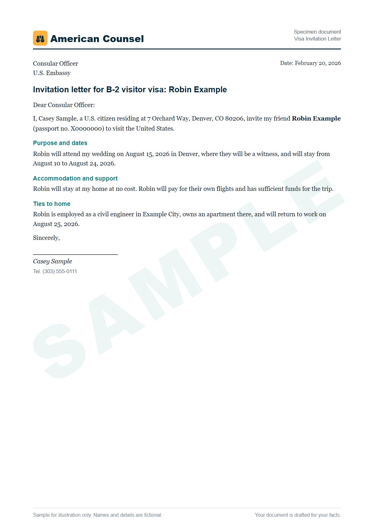 Sample Visa Invitation Letter prepared by our lawyers, with fictional names