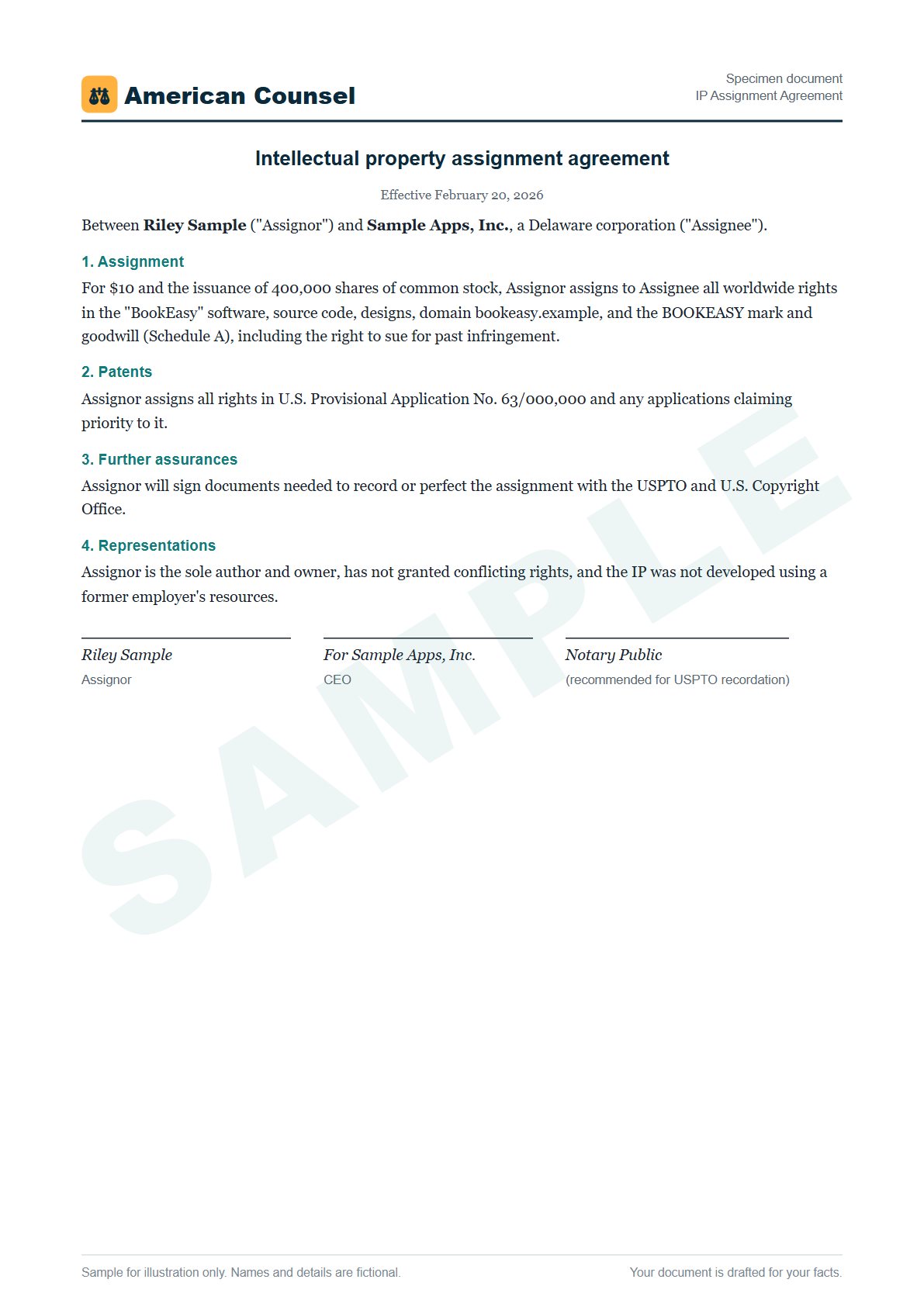 Sample IP Assignment Agreement prepared by our lawyers, with fictional names