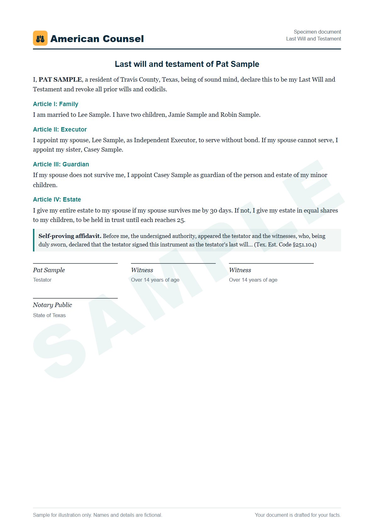 Sample Last Will and Testament prepared by our lawyers, with fictional names