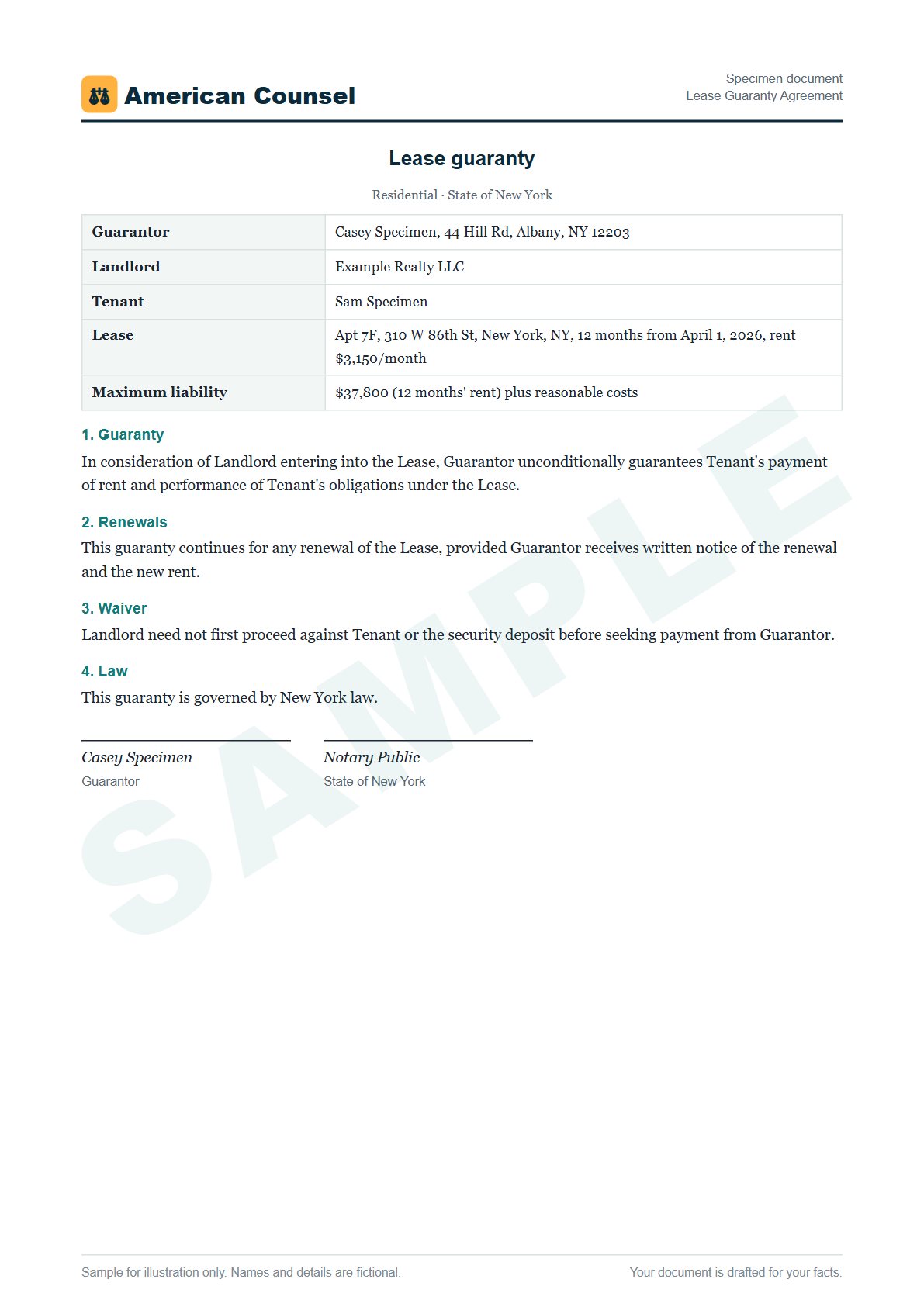 Sample Lease Guaranty Agreement prepared by our lawyers, with fictional names