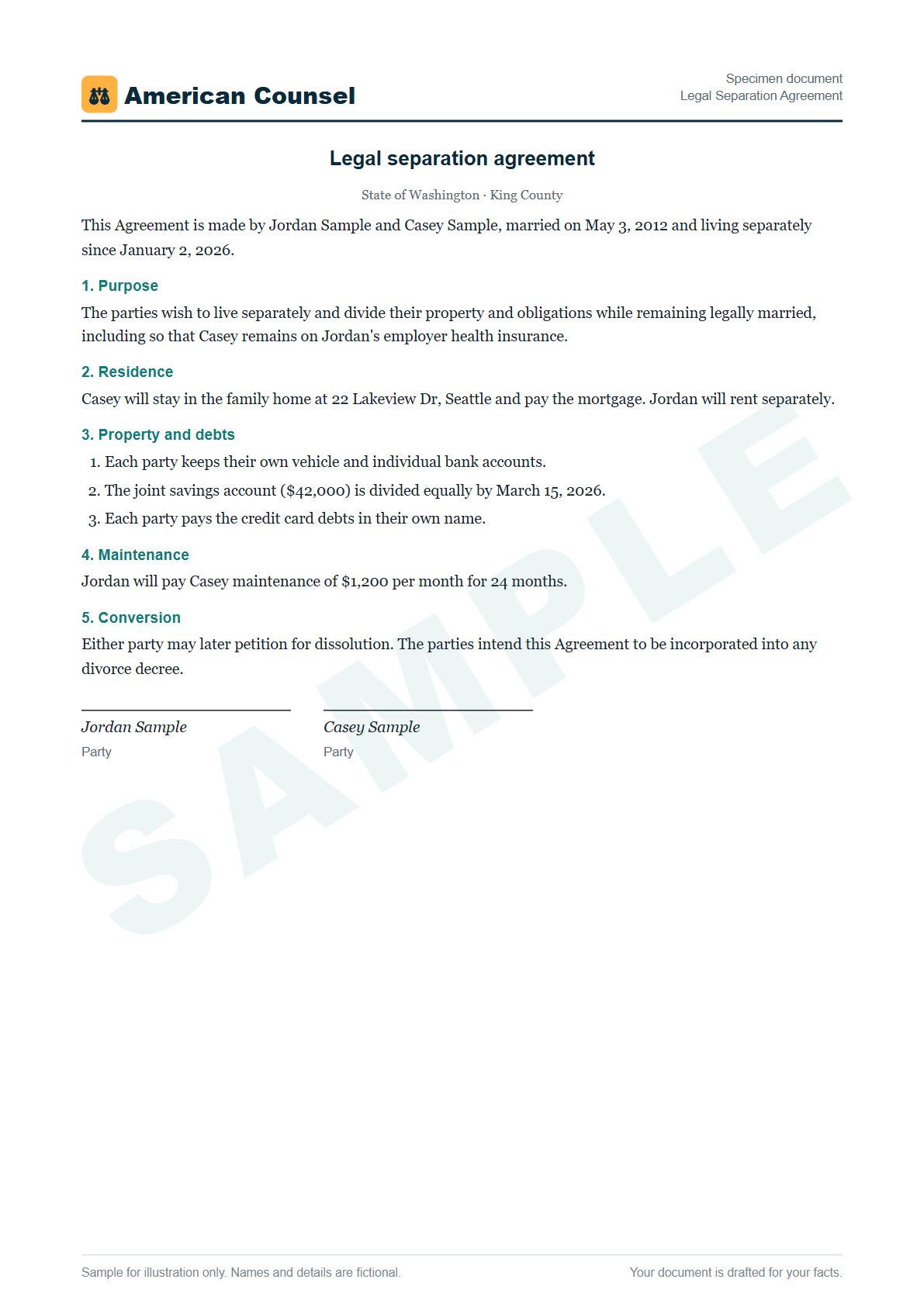 Sample Legal Separation Agreement prepared by our lawyers, with fictional names