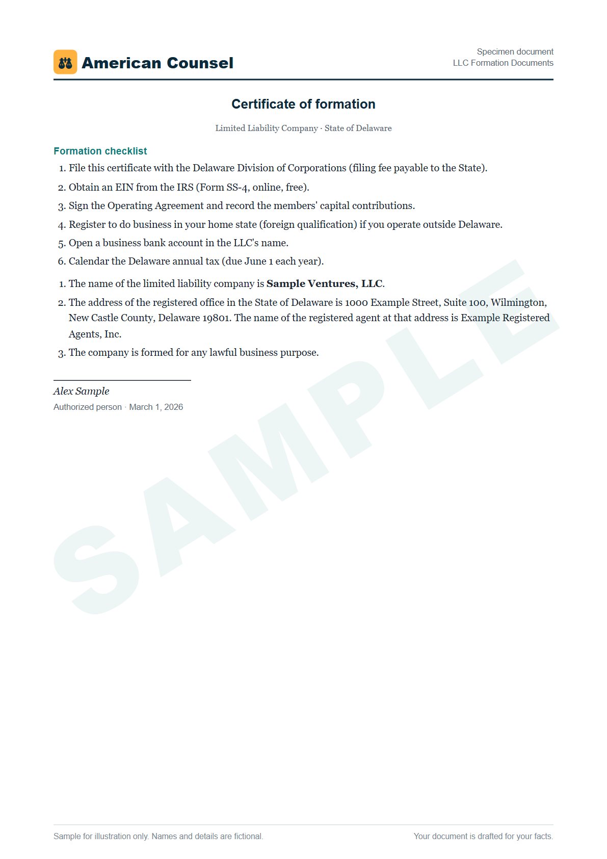 Sample LLC Formation Documents prepared by our lawyers, with fictional names