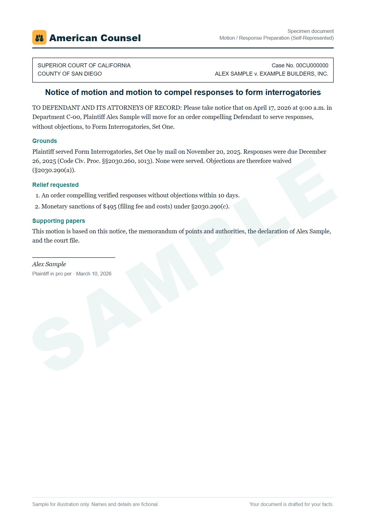 Sample Motion / Response Preparation (Self-Represented) prepared by our lawyers, with fictional names