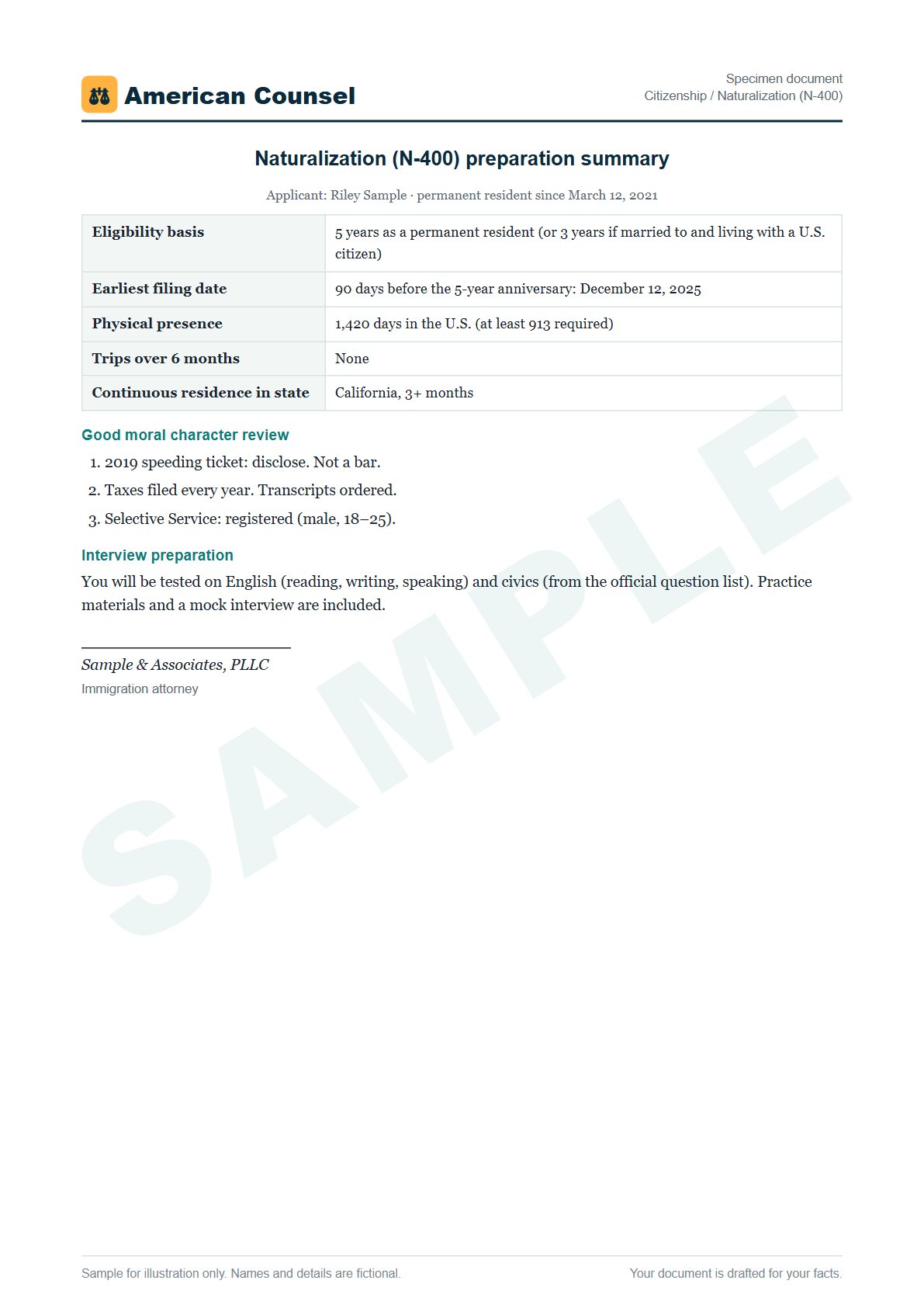 Sample Citizenship / Naturalization (N-400) prepared by our lawyers, with fictional names