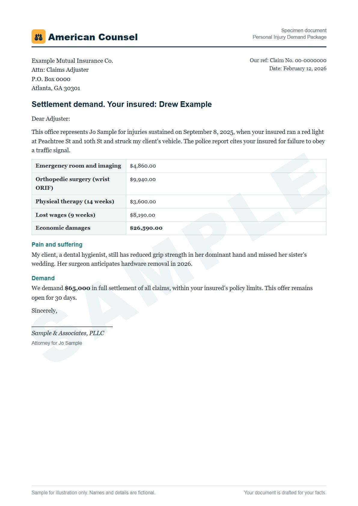 Sample Personal Injury Demand Package prepared by our lawyers, with fictional names