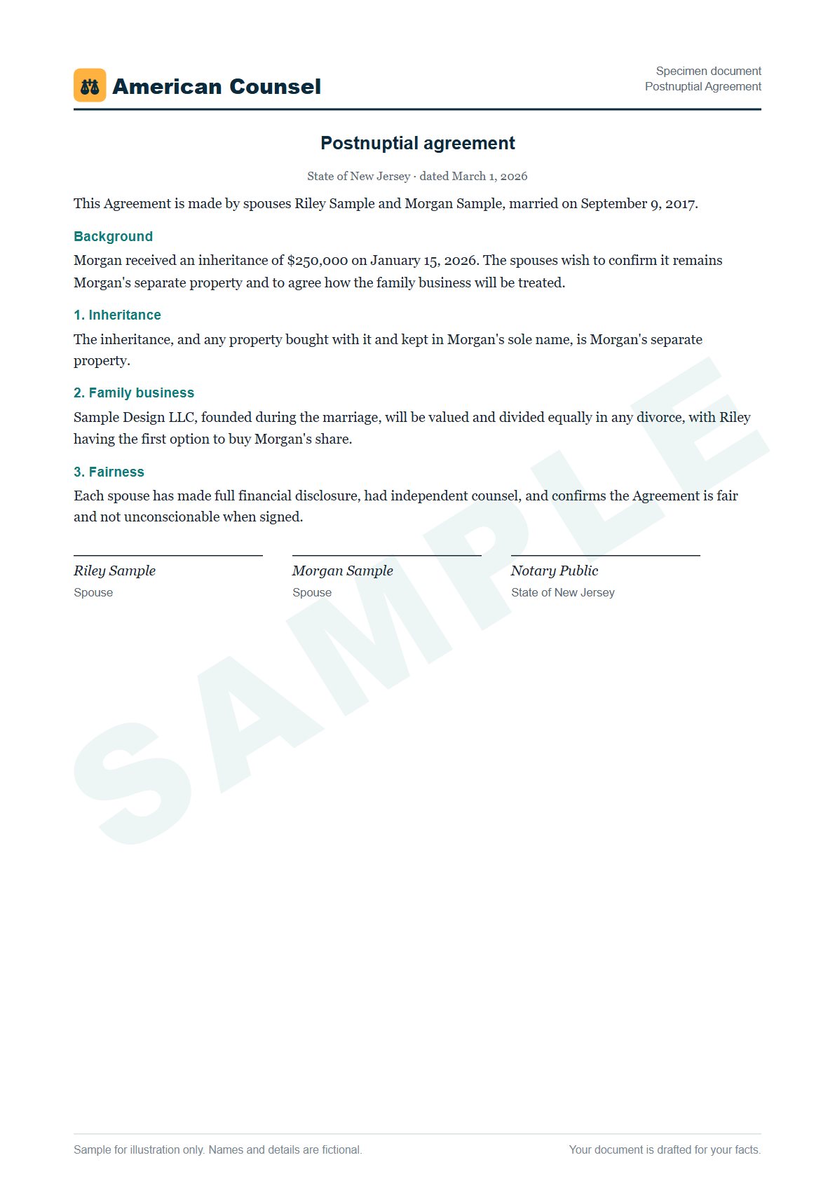 Sample Postnuptial Agreement prepared by our lawyers, with fictional names
