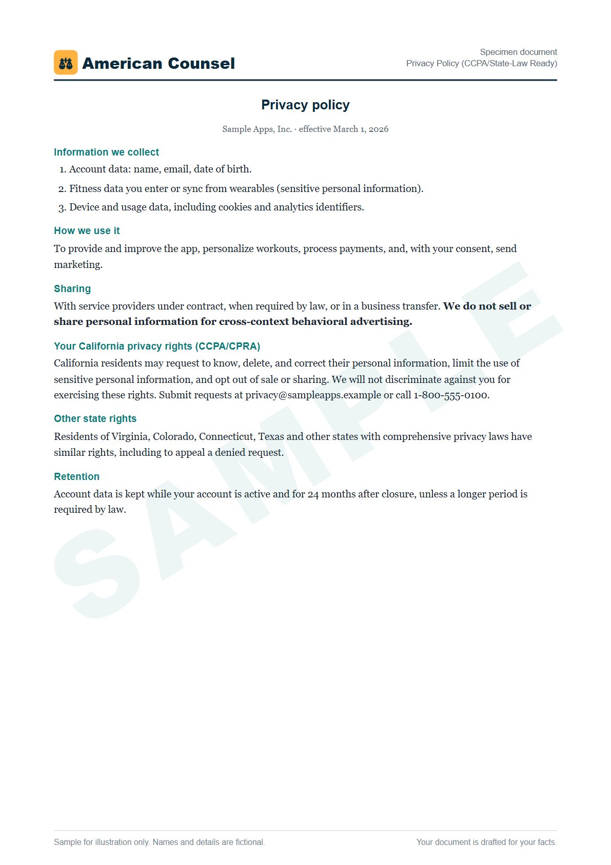 Sample Privacy Policy (CCPA/State-Law Ready) prepared by our lawyers, with fictional names