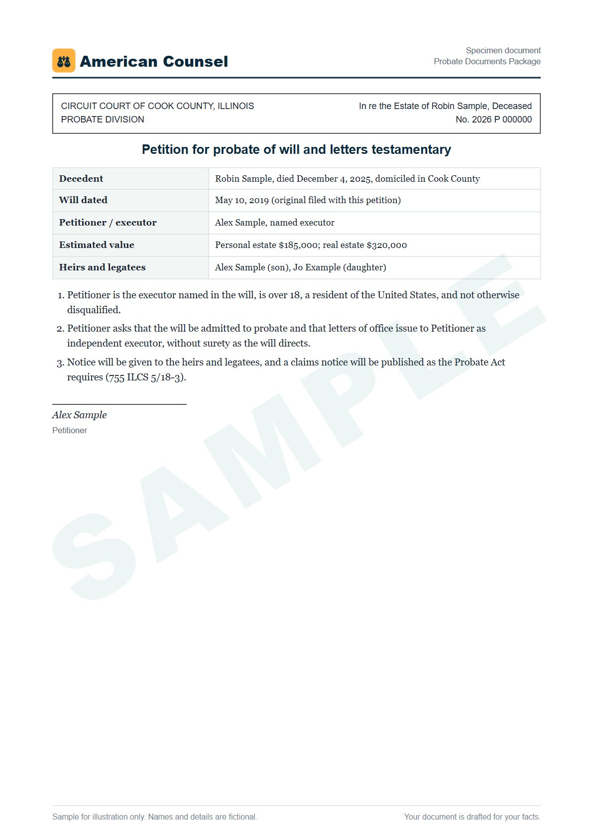 Sample Probate Documents Package prepared by our lawyers, with fictional names