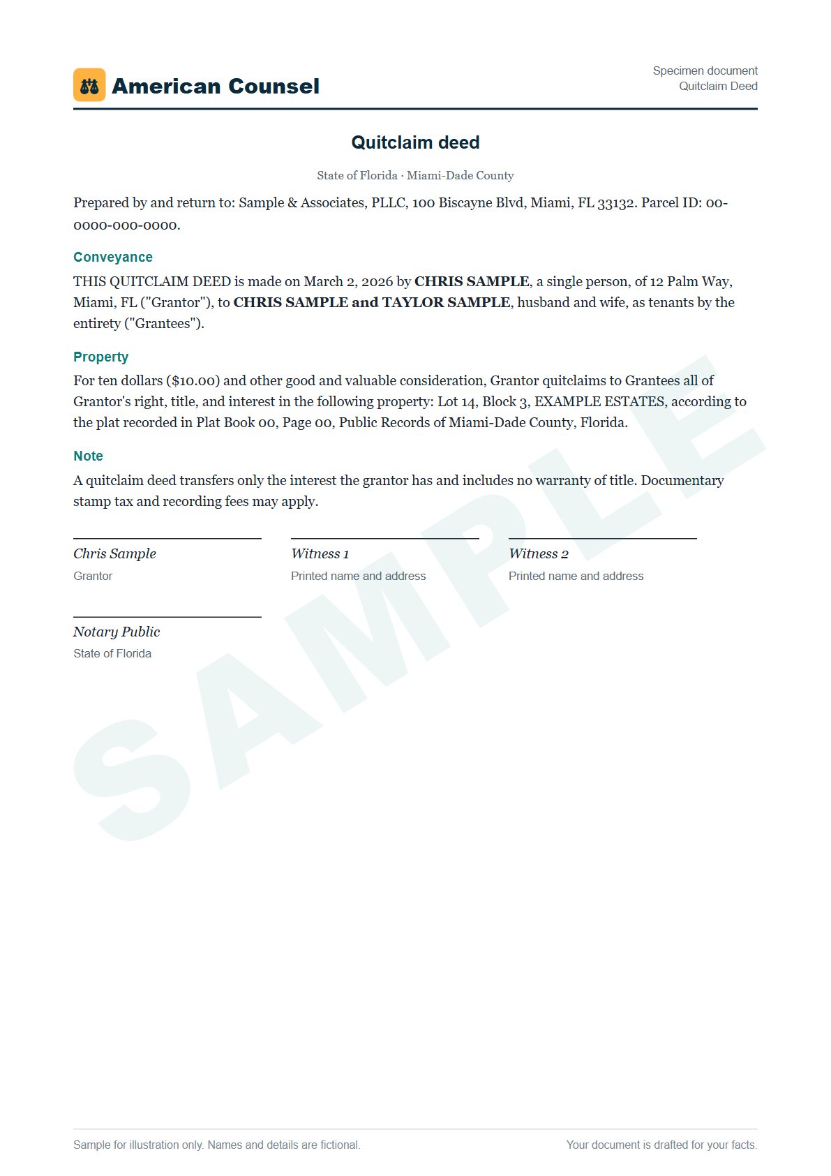 Sample Quitclaim Deed prepared by our lawyers, with fictional names
