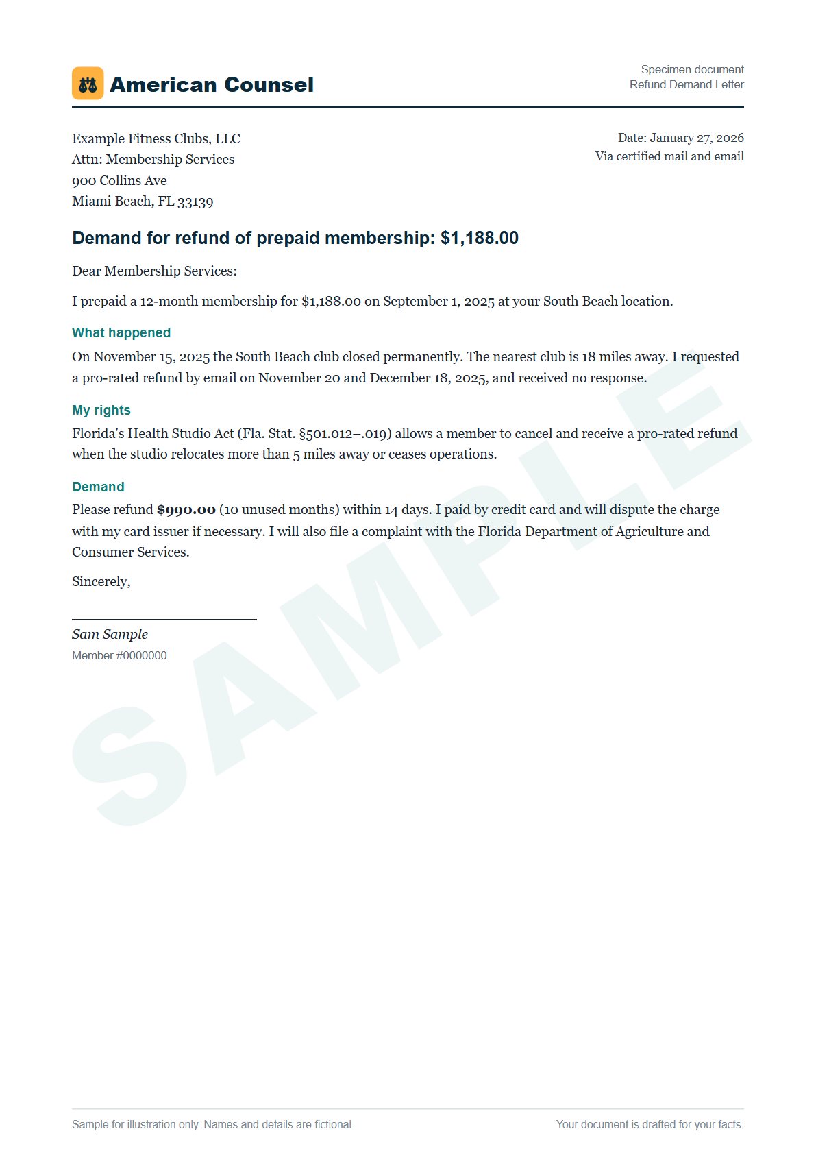 Sample Refund Demand Letter prepared by our lawyers, with fictional names