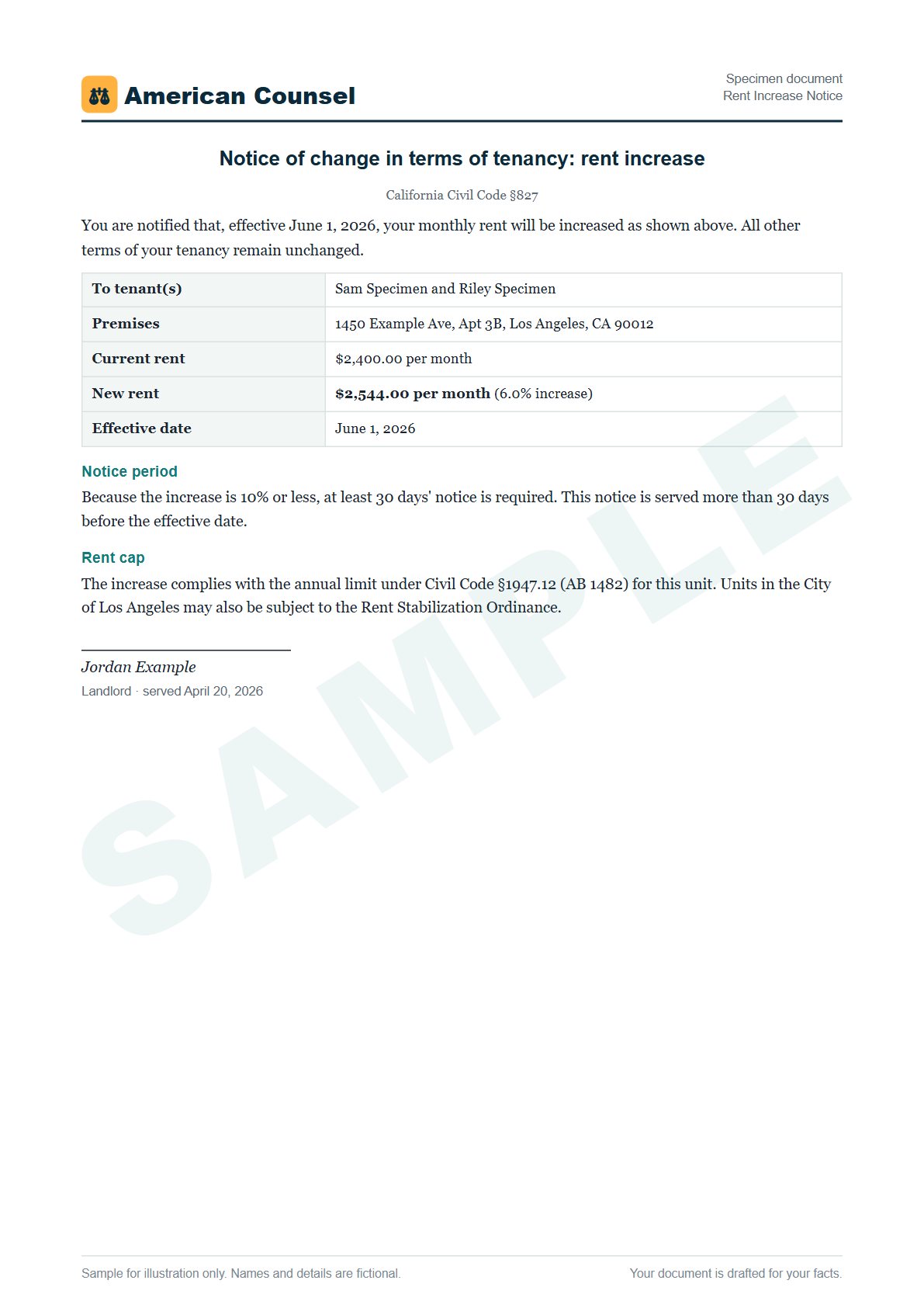 Sample Rent Increase Notice prepared by our lawyers, with fictional names