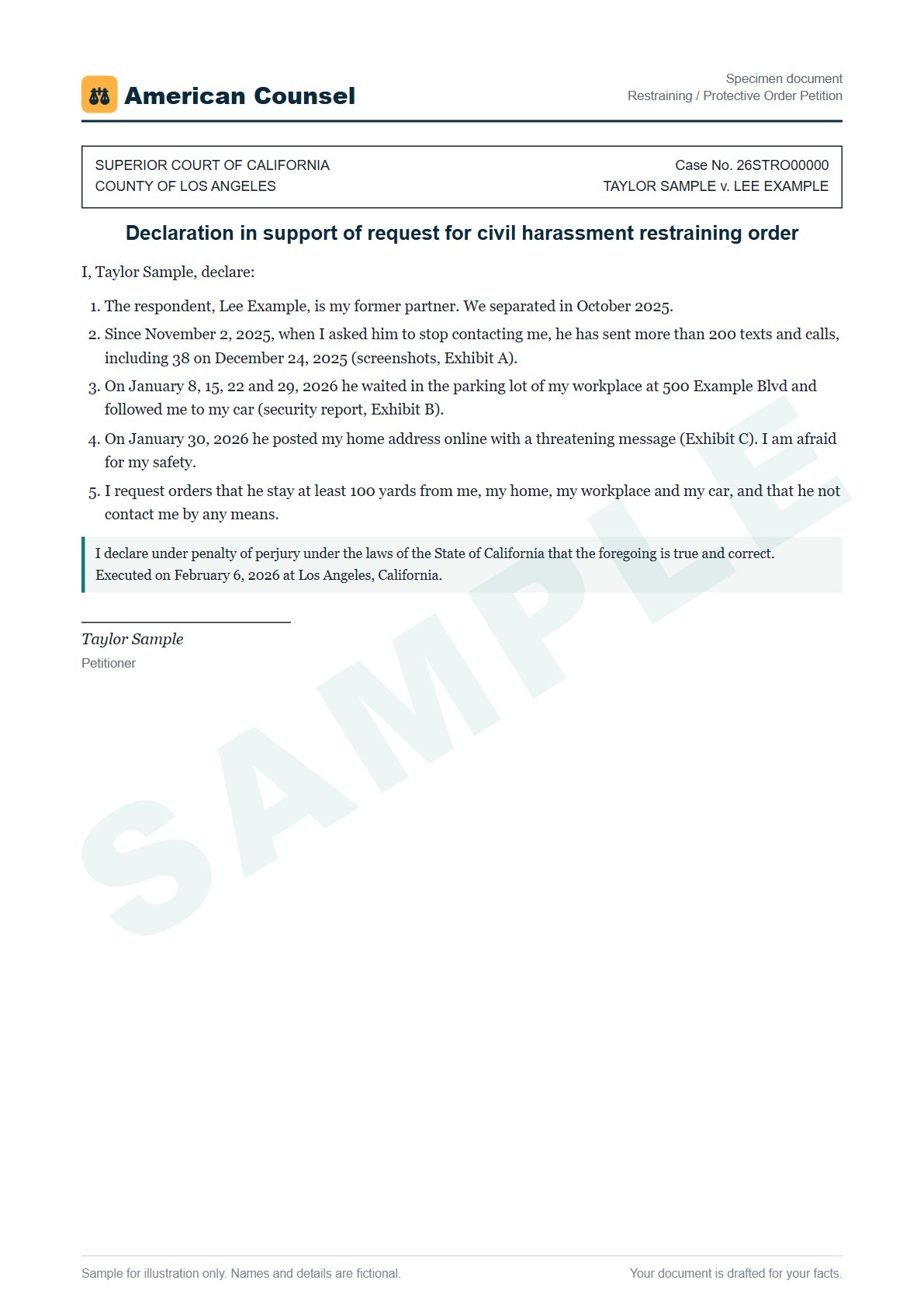 Sample Restraining / Protective Order Petition prepared by our lawyers, with fictional names