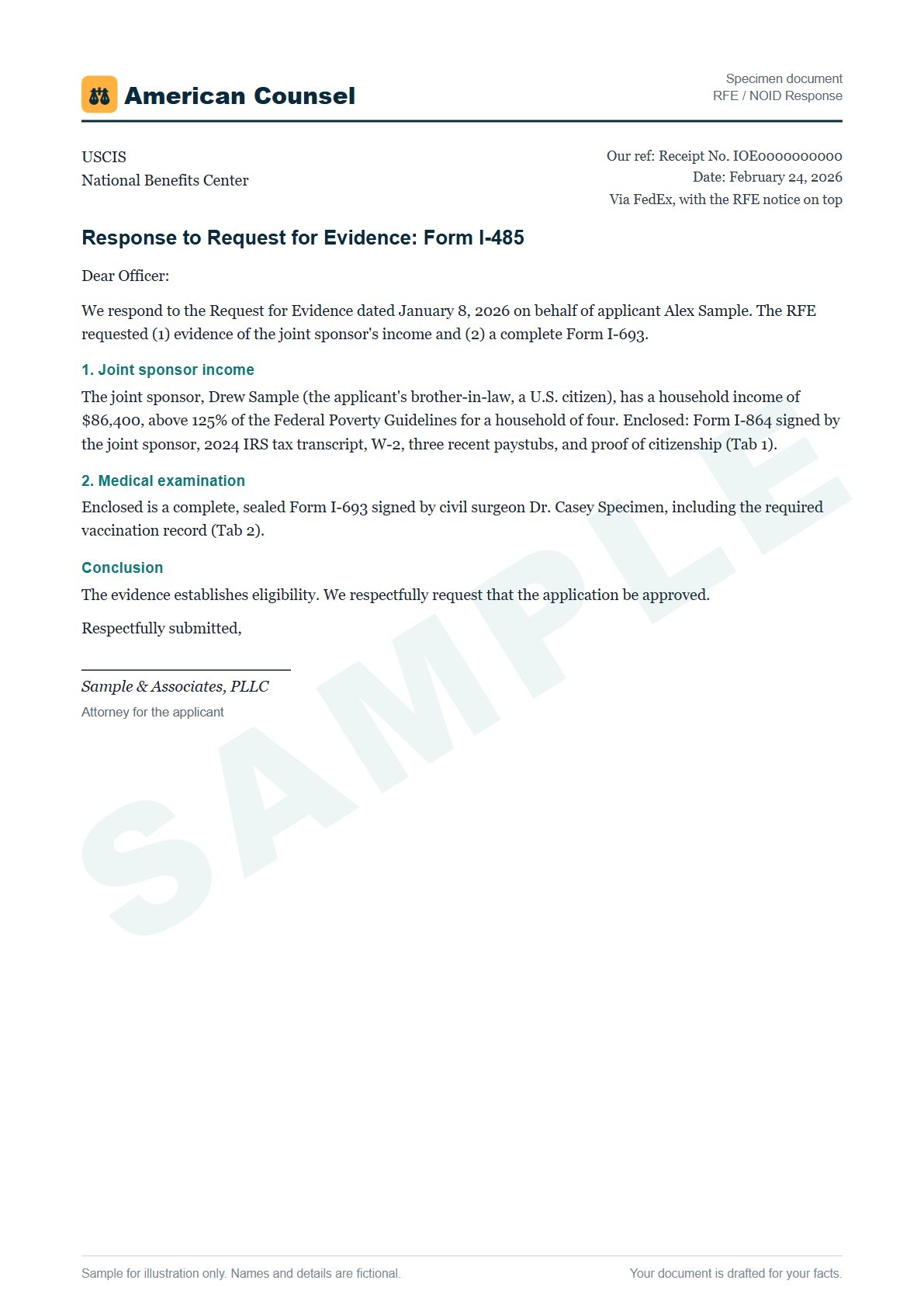 Sample RFE / NOID Response prepared by our lawyers, with fictional names