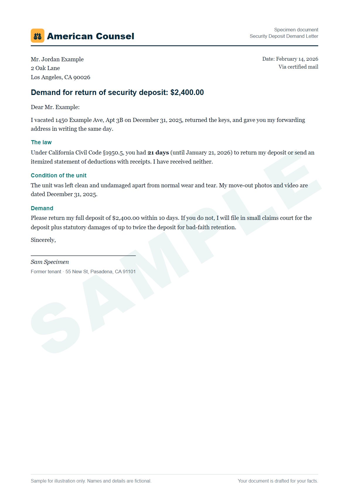 Sample Security Deposit Demand Letter prepared by our lawyers, with fictional names