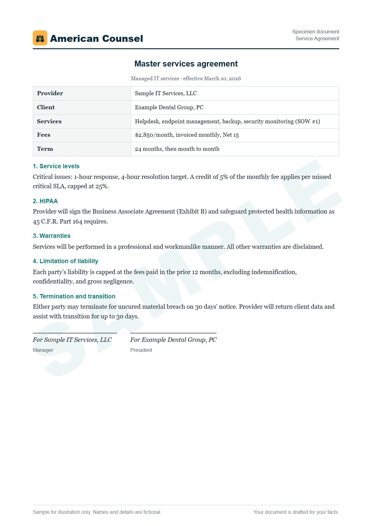 Sample Service Agreement prepared by our lawyers, with fictional names
