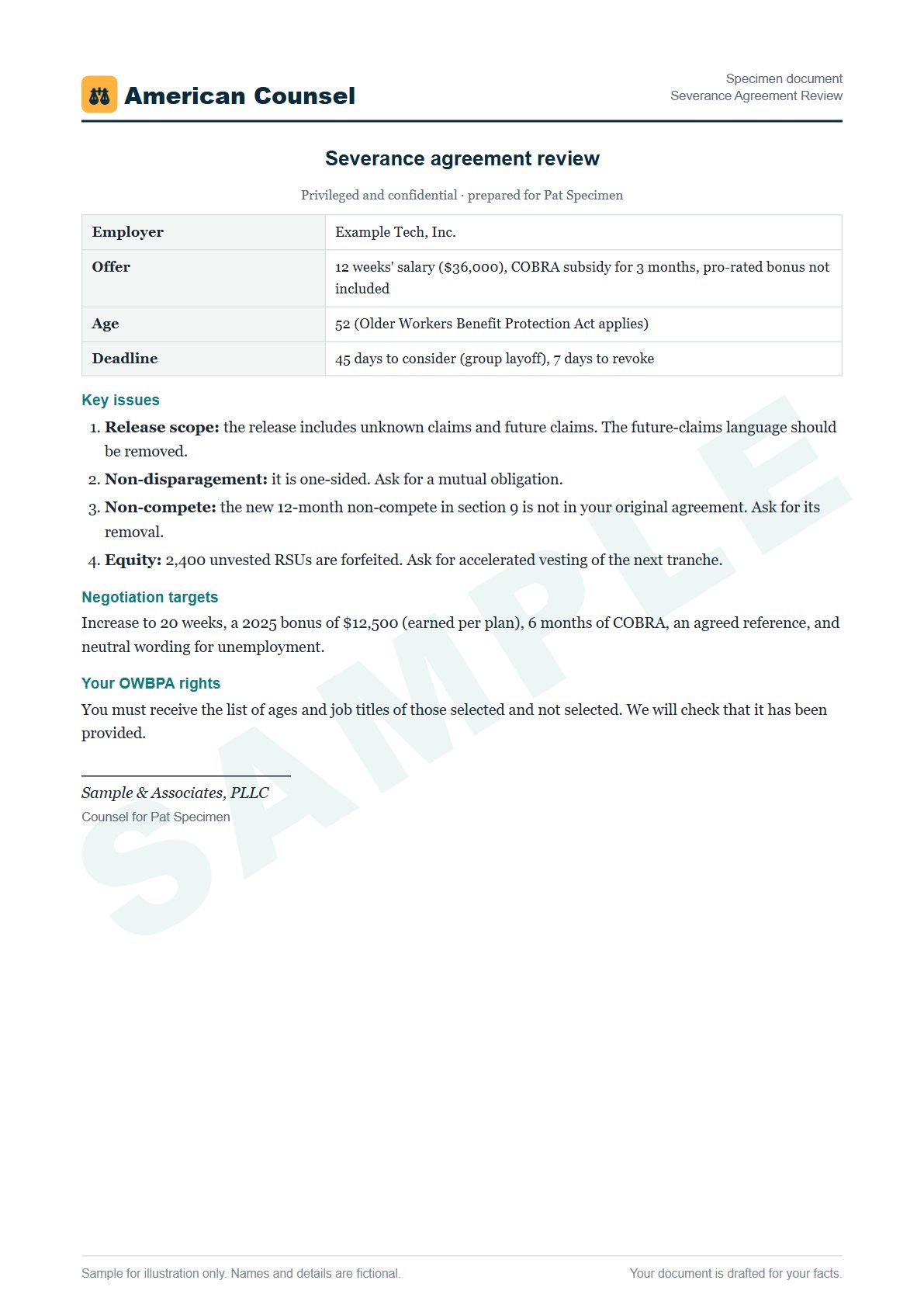 Sample Severance Agreement Review prepared by our lawyers, with fictional names