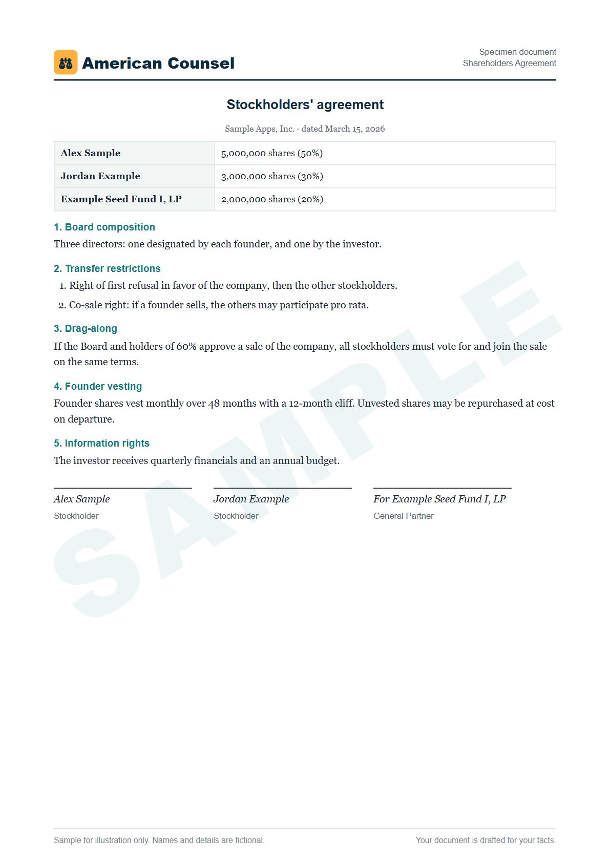 Sample Shareholders Agreement prepared by our lawyers, with fictional names