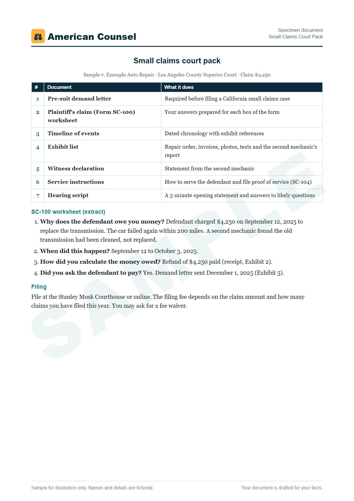 Sample Small Claims Court Pack prepared by our lawyers, with fictional names