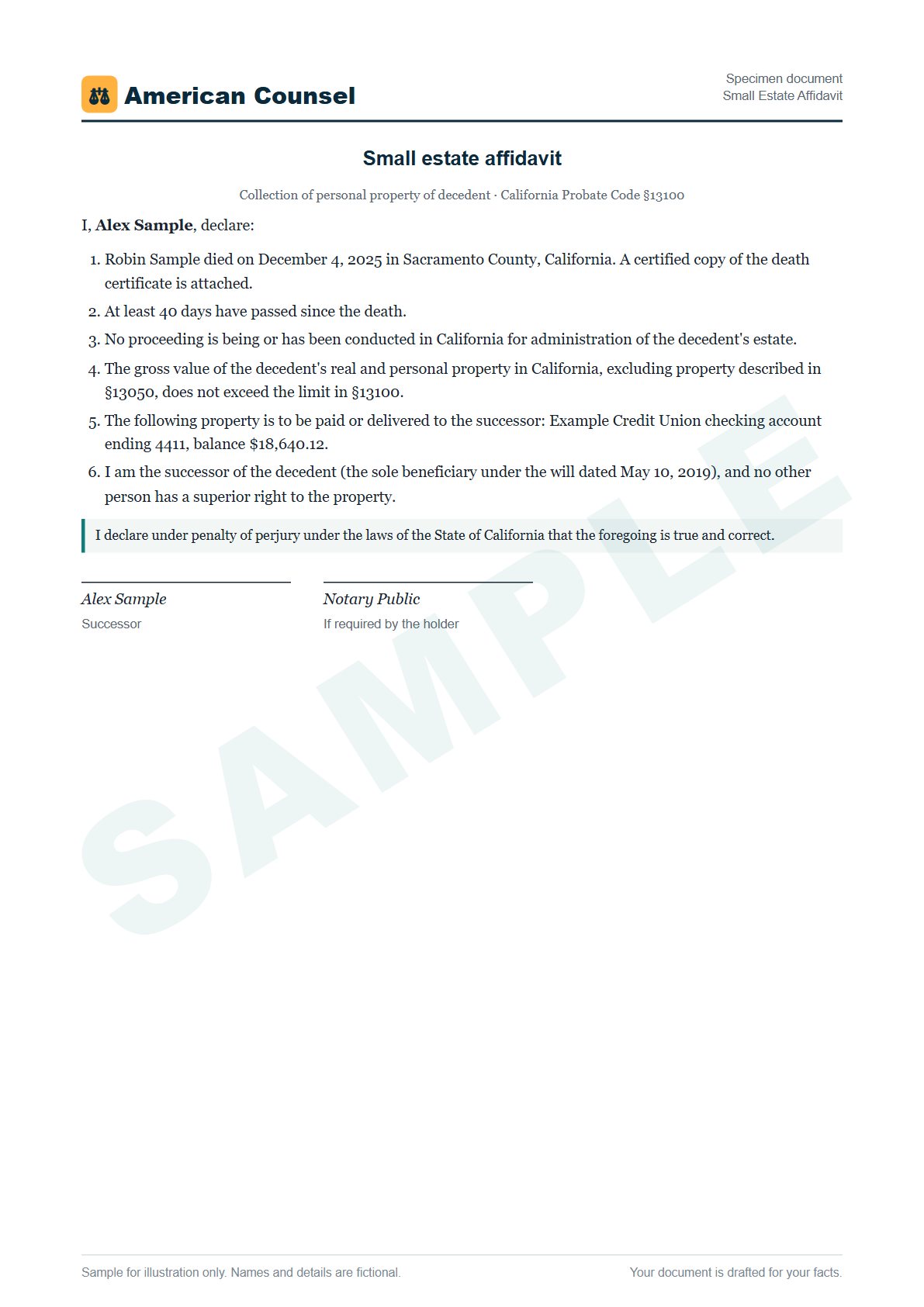 Sample Small Estate Affidavit prepared by our lawyers, with fictional names