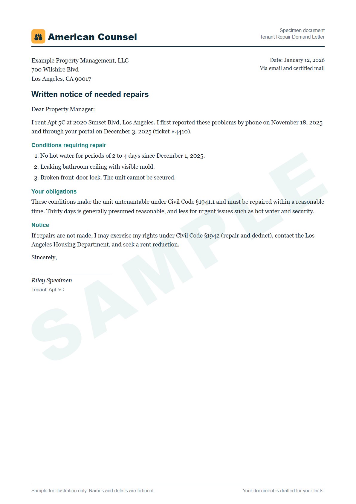 Sample Tenant Repair Demand Letter prepared by our lawyers, with fictional names