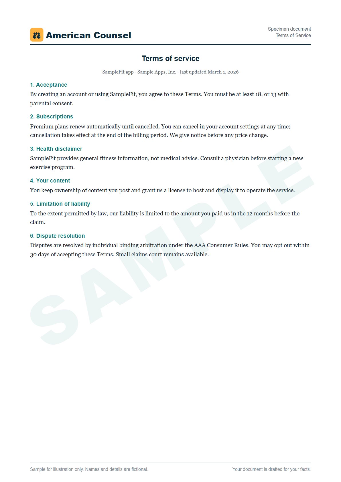 Sample Terms of Service prepared by our lawyers, with fictional names