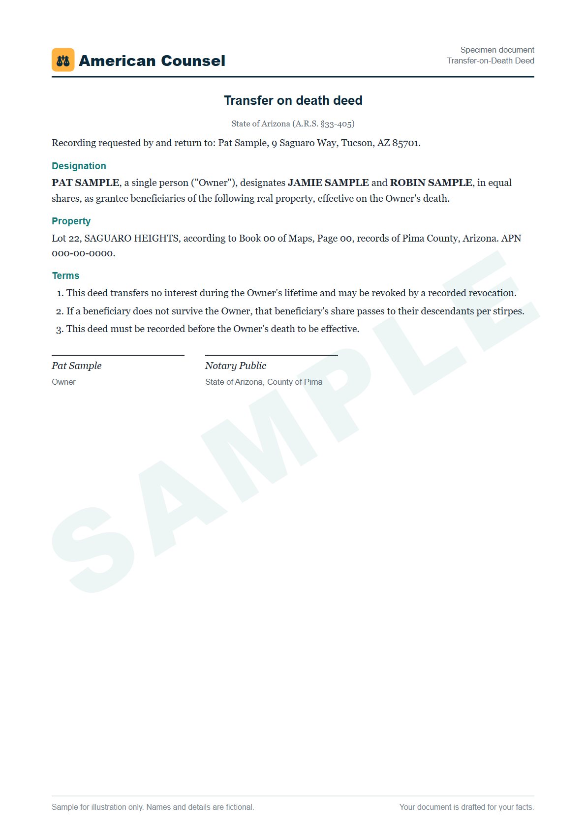 Sample Transfer-on-Death Deed prepared by our lawyers, with fictional names